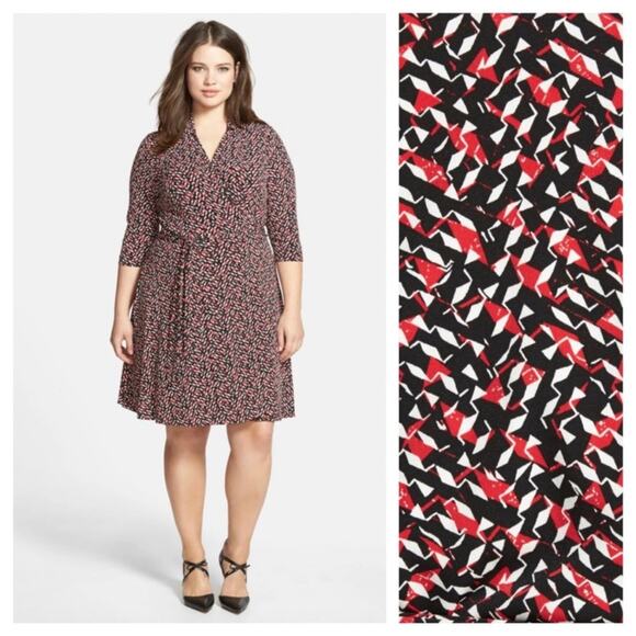 Vince Camuto plus red black white geometric print faux wrap dress 3/4 sleeve - Picture 1 of 6